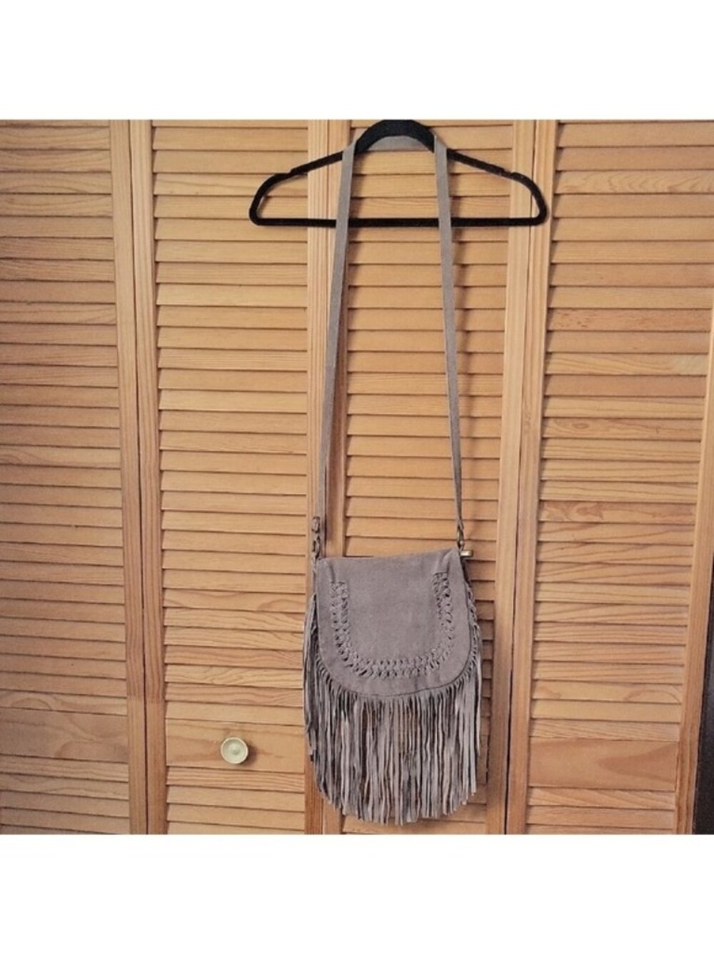 Vimoda Paris Taupe Suede Split Leather Western Fringe Boho Festival CrossbodyBag